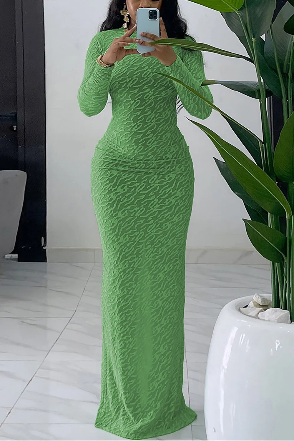 Textured Pattern Solid Color Long Sleeve Bodycon Maxi Dresses-Green