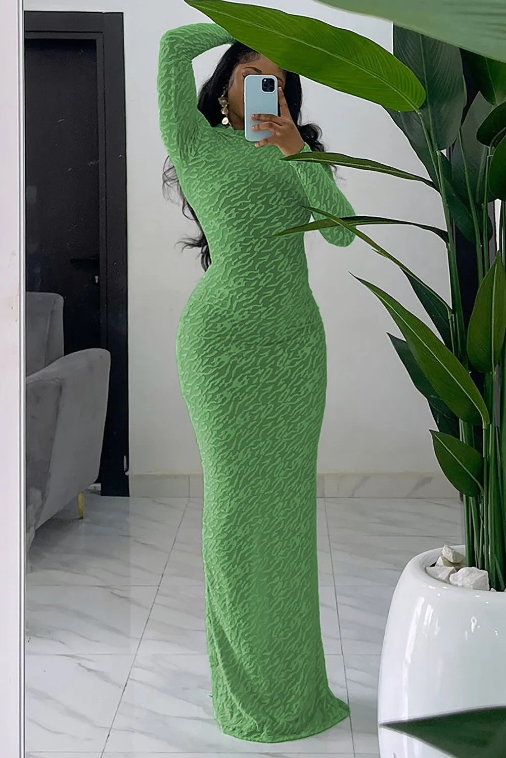 Textured Pattern Solid Color Long Sleeve Bodycon Maxi Dresses-Green