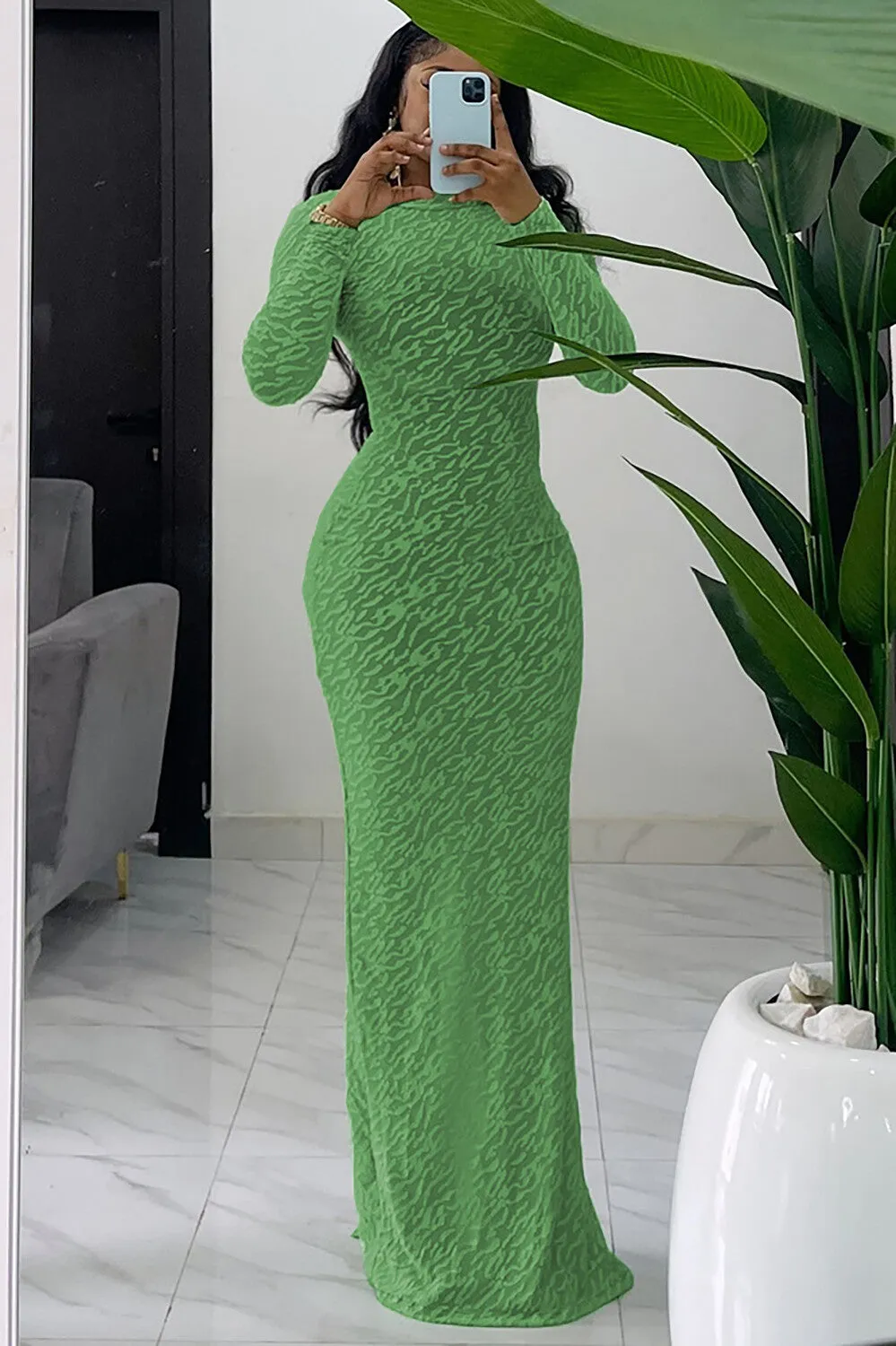 Textured Pattern Solid Color Long Sleeve Bodycon Maxi Dresses-Green