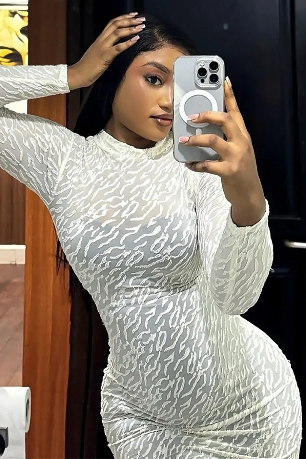 Textured Pattern Solid Color Long Sleeve Bodycon Maxi Dresses-Green