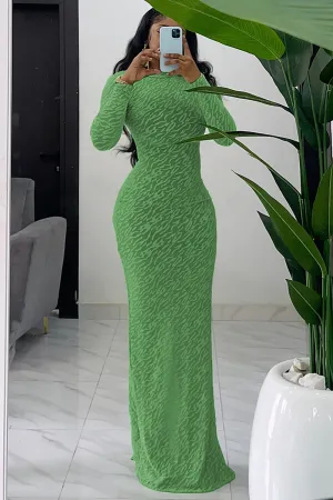Textured Pattern Solid Color Long Sleeve Bodycon Maxi Dresses-Green