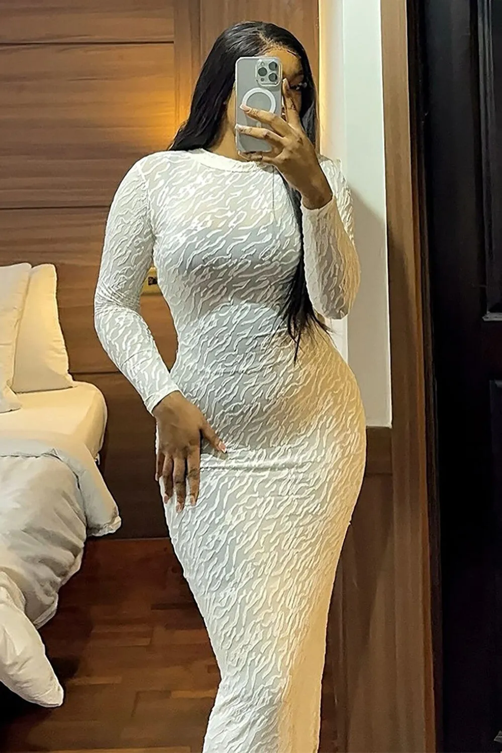 Textured Pattern Solid Color Long Sleeve Bodycon Maxi Dresses-Green
