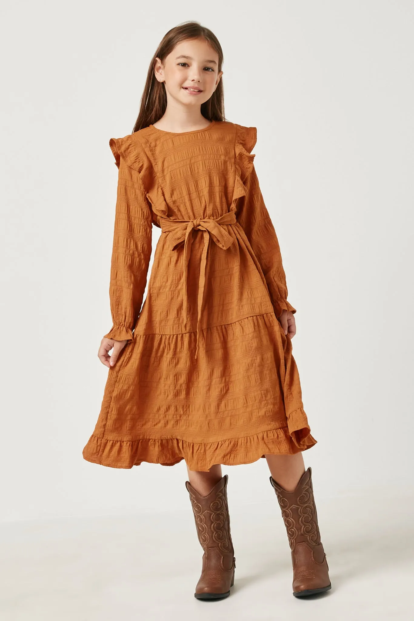 Textured Ruffled Tie Waist Dress