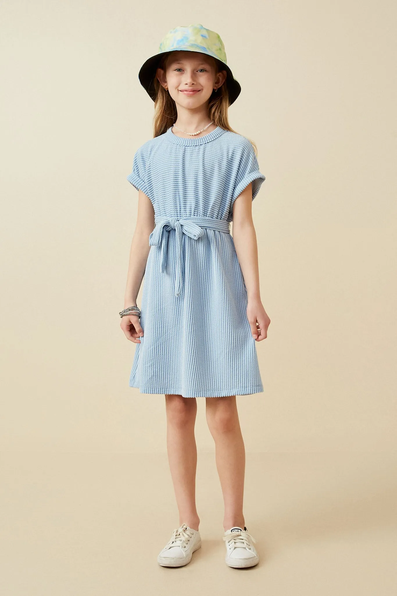 Textured Stripe Self Belted Knit Dress
