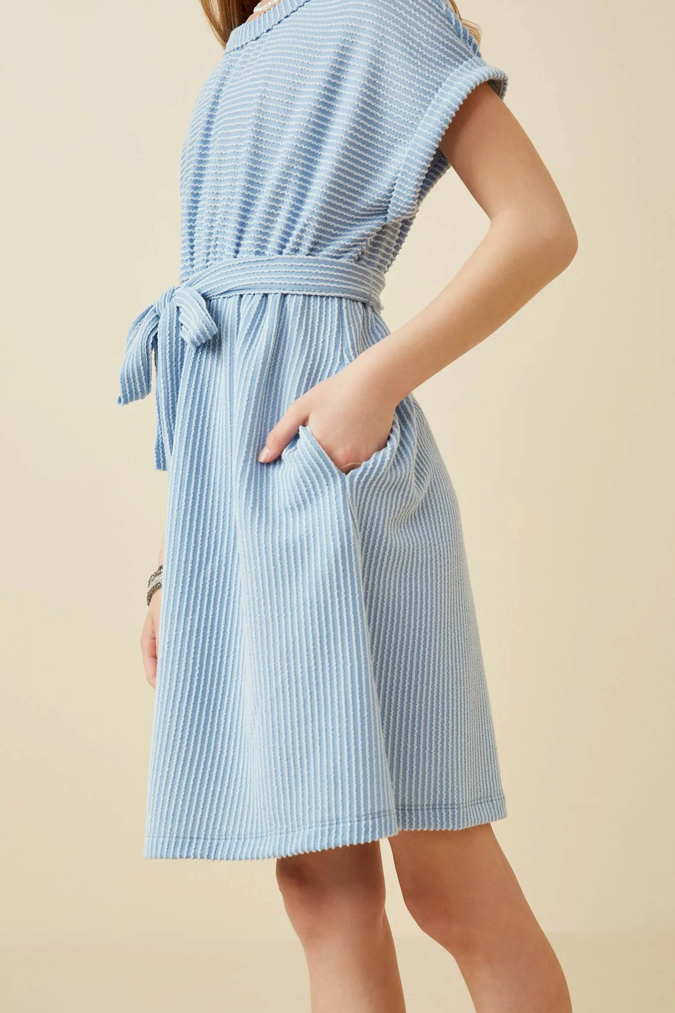 Textured Stripe Self Belted Knit Dress