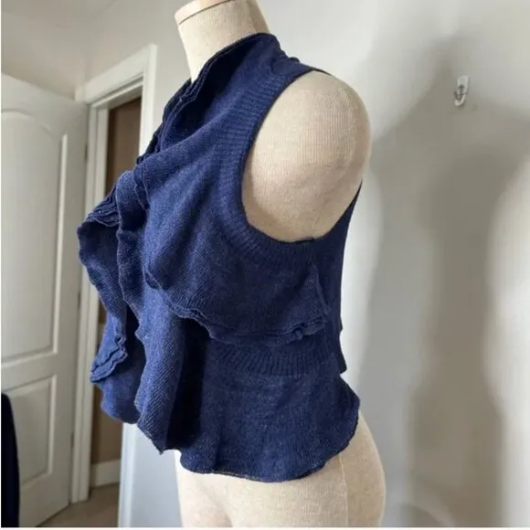 Theory Blue Isisa Ruffled Linen Blend Vest Cardigan Size Medium