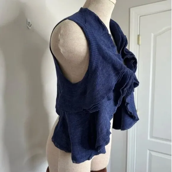 Theory Blue Isisa Ruffled Linen Blend Vest Cardigan Size Medium