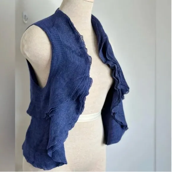 Theory Blue Isisa Ruffled Linen Blend Vest Cardigan Size Medium