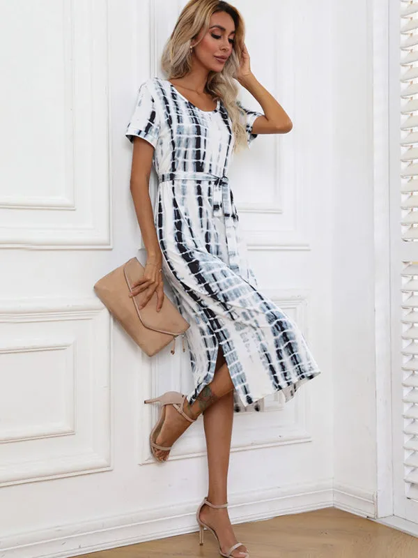 Tie-Dye Midi Dress with Waist Tie and Slim Fit
