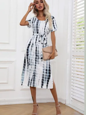 Tie-Dye Midi Dress with Waist Tie and Slim Fit