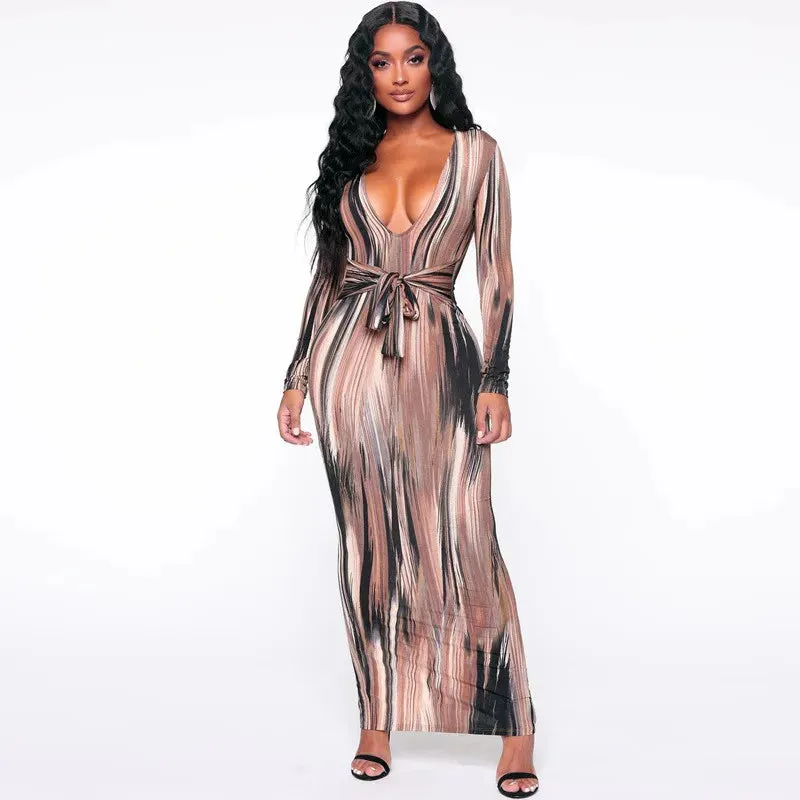 Tie Dye V-Neck Long Sleeve Bandage Dress in Striped Pattern