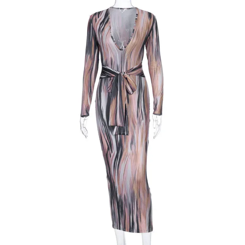 Tie Dye V-Neck Long Sleeve Bandage Dress in Striped Pattern