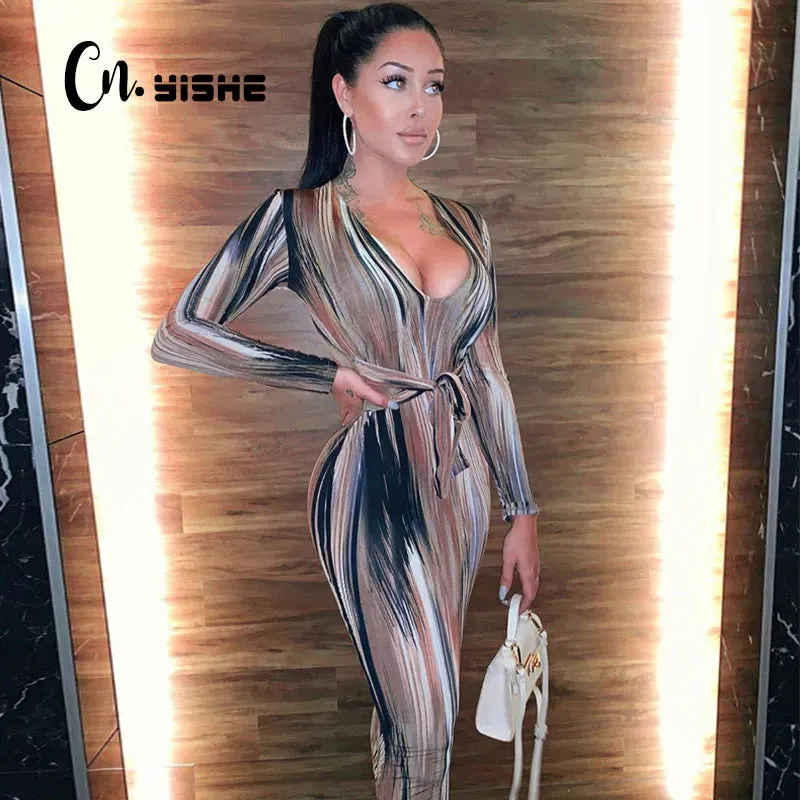 Tie Dye V-Neck Long Sleeve Bandage Dress in Striped Pattern