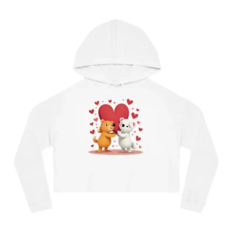 Trendy Cropped Hooded Sweatshirt with Bear Heart Design