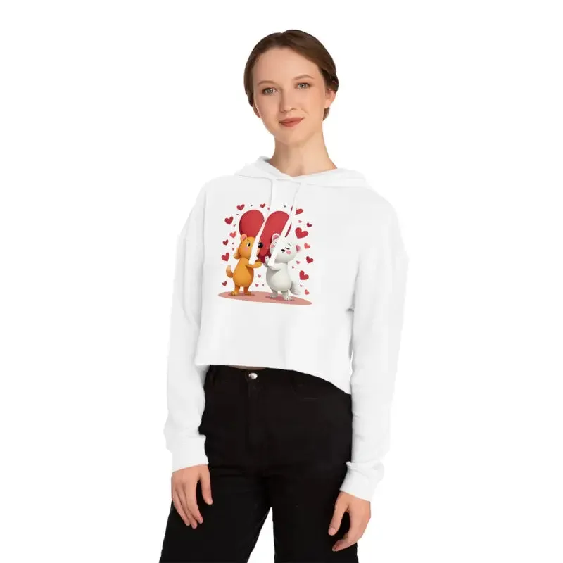 Trendy Cropped Hooded Sweatshirt with Bear Heart Design