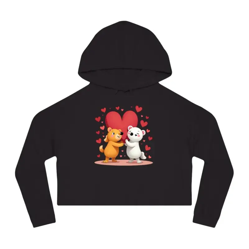 Trendy Cropped Hooded Sweatshirt with Bear Heart Design