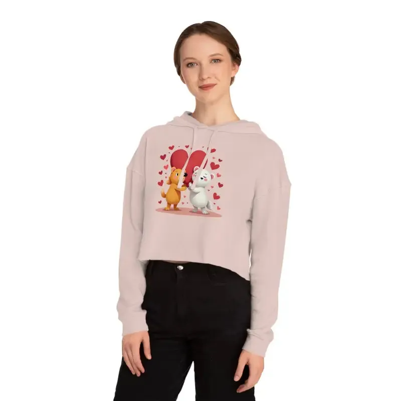 Trendy Cropped Hooded Sweatshirt with Bear Heart Design
