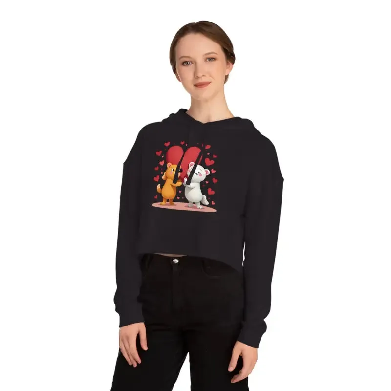 Trendy Cropped Hooded Sweatshirt with Bear Heart Design