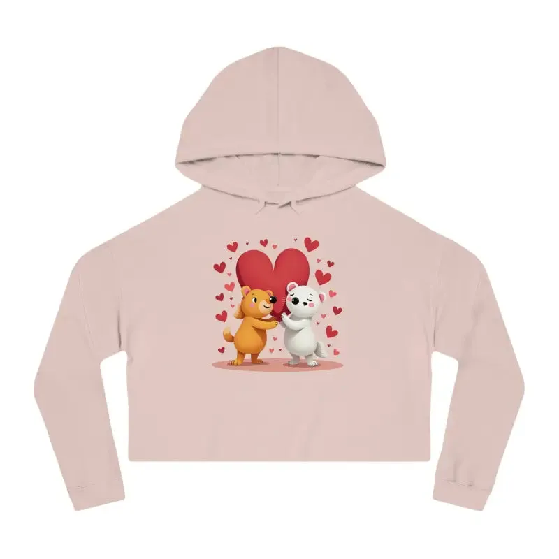 Trendy Cropped Hooded Sweatshirt with Bear Heart Design