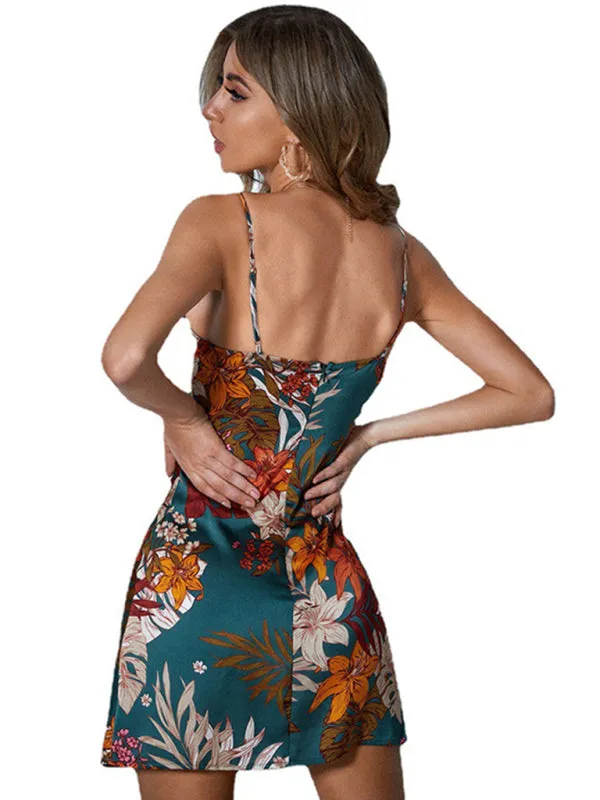 Tropical Print Satin Camisole Dress with Spaghetti Straps