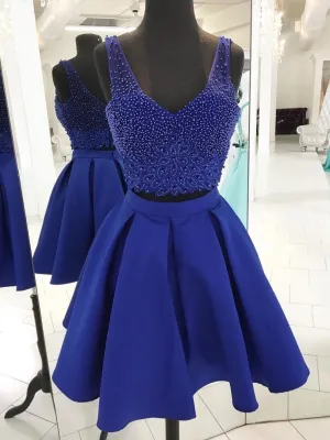 V Neck Beaded Royal Blue Two Piece Homecoming Dresses 2018, BDY0314