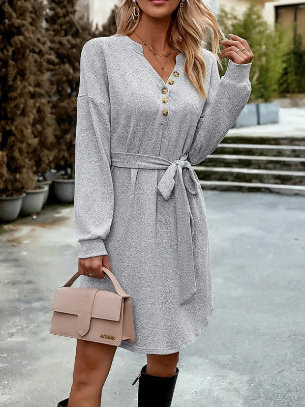 V-Neck Button-Down Knitted Dress with Belted Waist