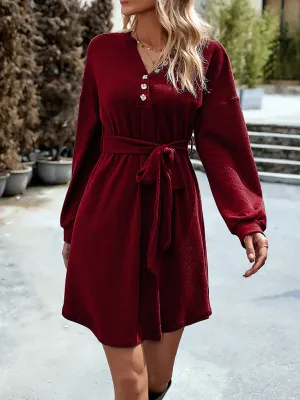 V-Neck Button-Down Knitted Dress with Belted Waist