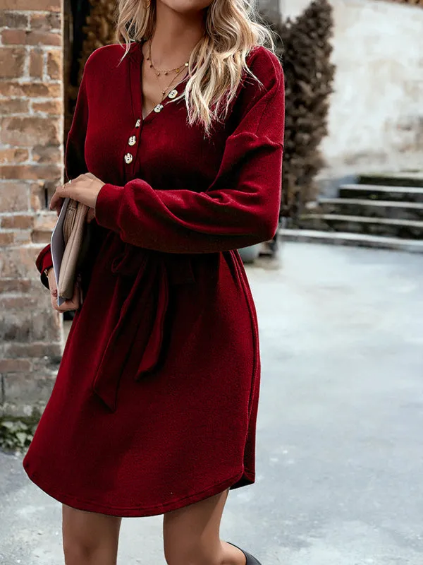 V-Neck Button-Down Knitted Dress with Belted Waist