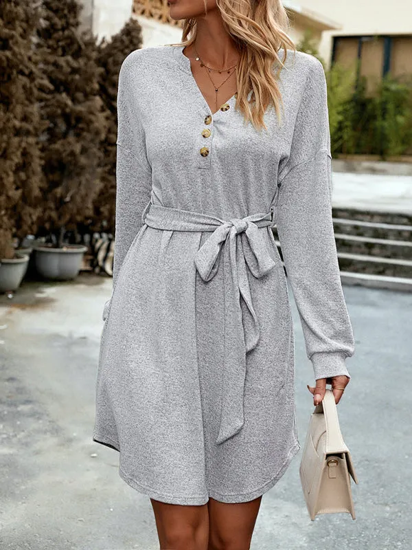 V-Neck Button-Down Knitted Dress with Belted Waist