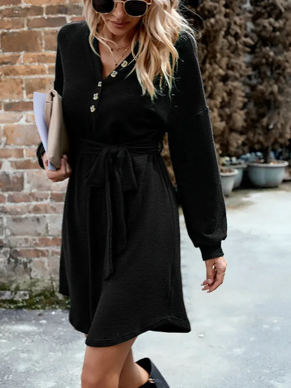 V-Neck Button-Down Knitted Dress with Belted Waist