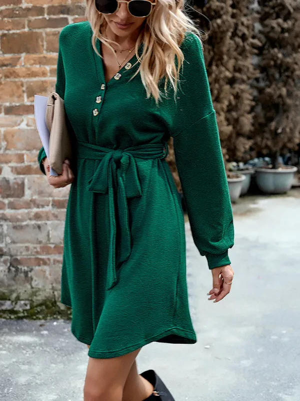V-Neck Button-Down Knitted Dress with Belted Waist