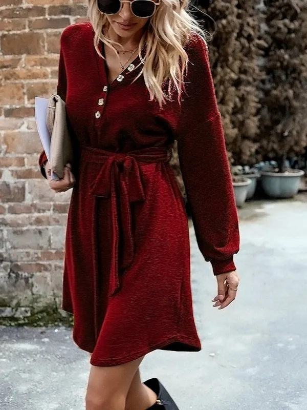 V-Neck Button-Down Knitted Dress with Belted Waist