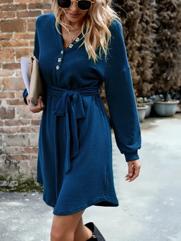 V-Neck Button-Down Knitted Dress with Belted Waist