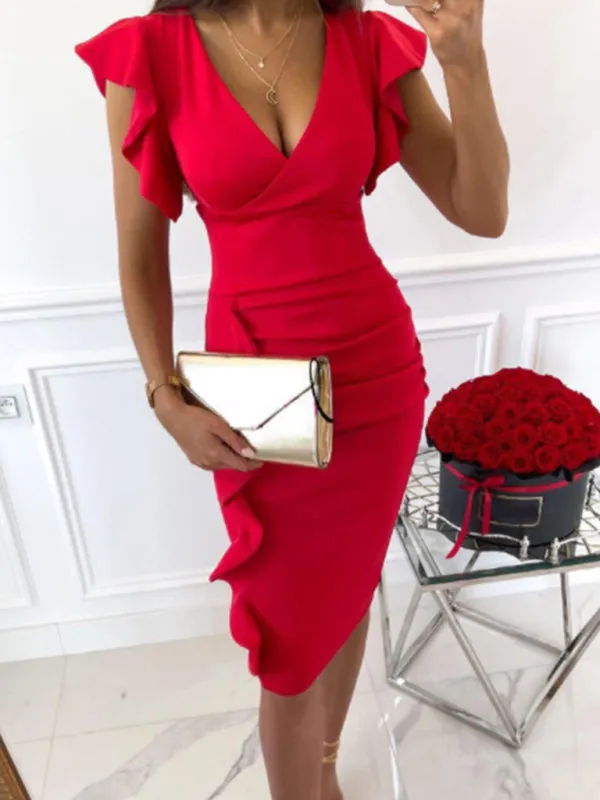 V-Neck Ruffle Sleeve Slim Dress with Ruching Detail