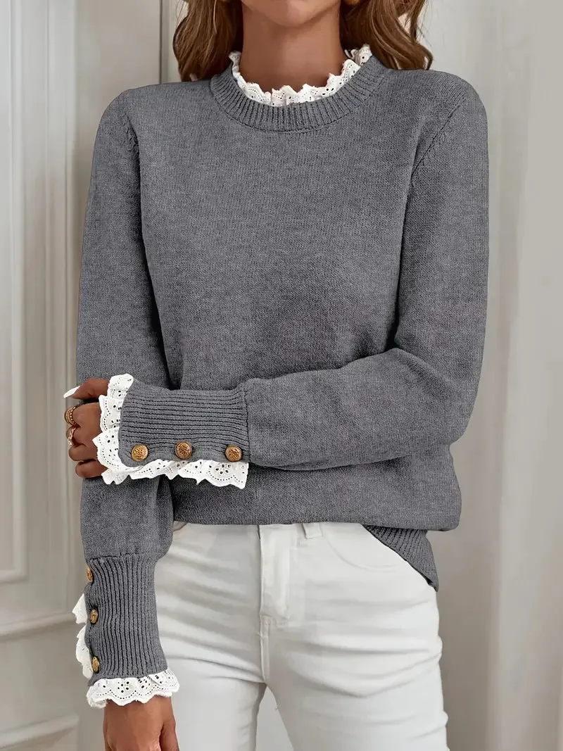 Vandy - sweater with round neckline and ruffles of lace
