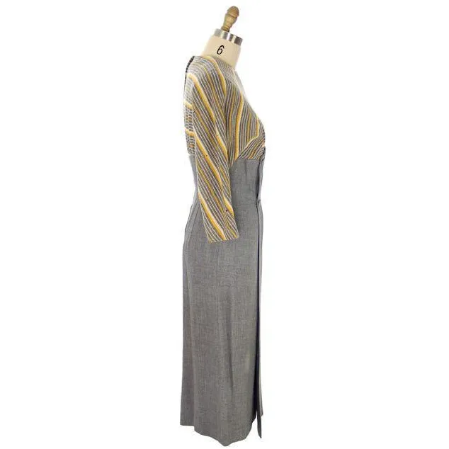 Vintage 1940s Gray Gab/Yellow Stripe Dress for Design Or Remodel S/M