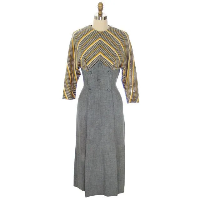 Vintage 1940s Gray Gab/Yellow Stripe Dress for Design Or Remodel S/M