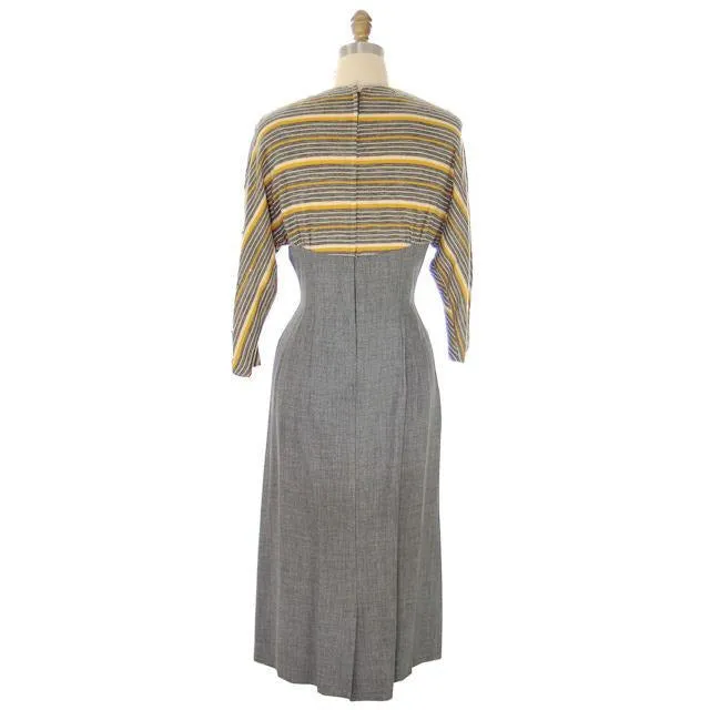 Vintage 1940s Gray Gab/Yellow Stripe Dress for Design Or Remodel S/M