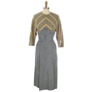 Vintage 1940s Gray Gab/Yellow Stripe Dress for Design Or Remodel S/M