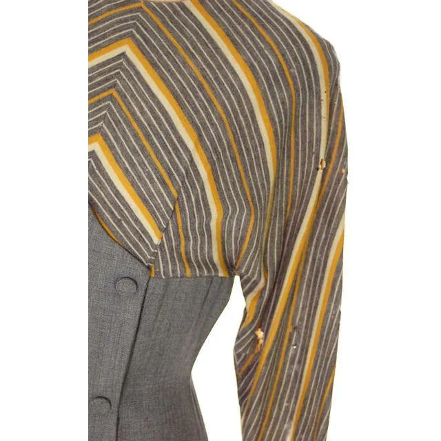 Vintage 1940s Gray Gab/Yellow Stripe Dress for Design Or Remodel S/M