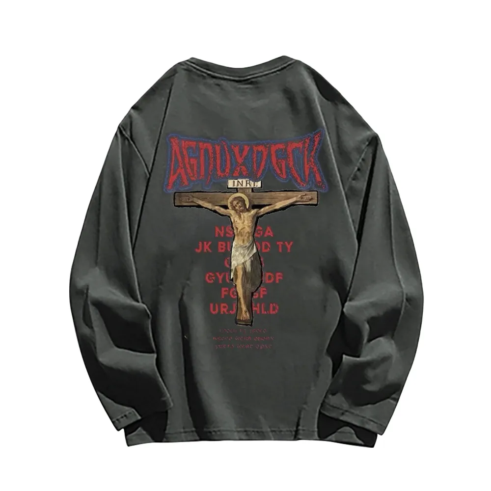 Vintage Bold Jesus Letter Graphic Long Sleeve Shirt