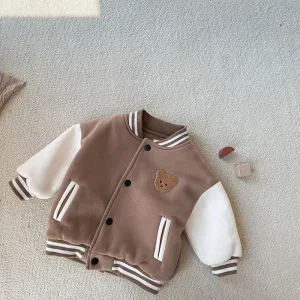 Warm Baseball Jacket For Toddlers With Teddy Bear Motif