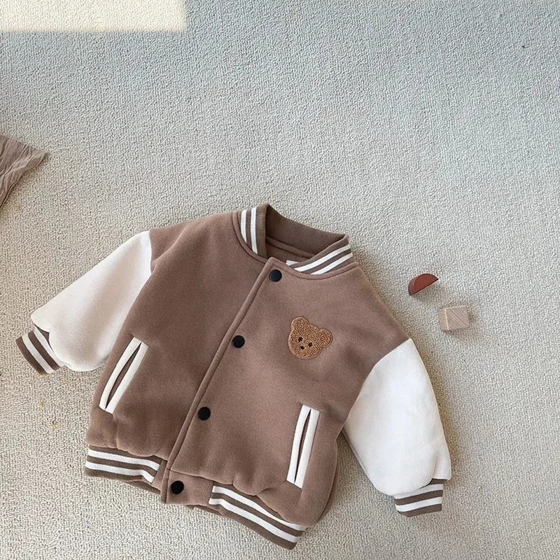 Warm Baseball Jacket For Toddlers With Teddy Bear Motif