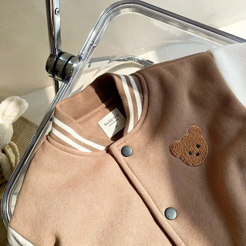 Warm Baseball Jacket For Toddlers With Teddy Bear Motif