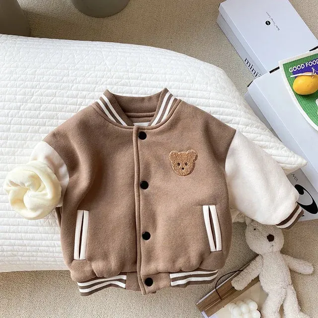 Warm Baseball Jacket For Toddlers With Teddy Bear Motif