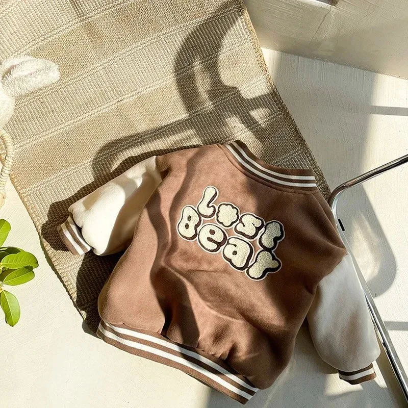 Warm Baseball Jacket For Toddlers With Teddy Bear Motif