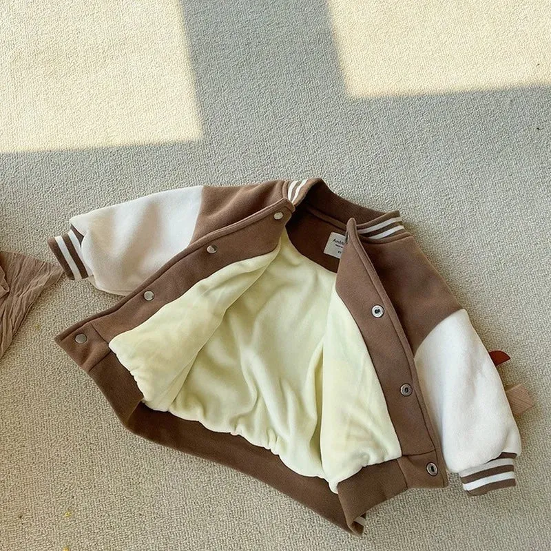 Warm Baseball Jacket For Toddlers With Teddy Bear Motif