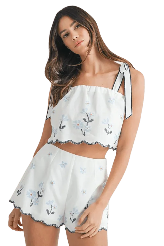 White & blue tie strap cropped short set
