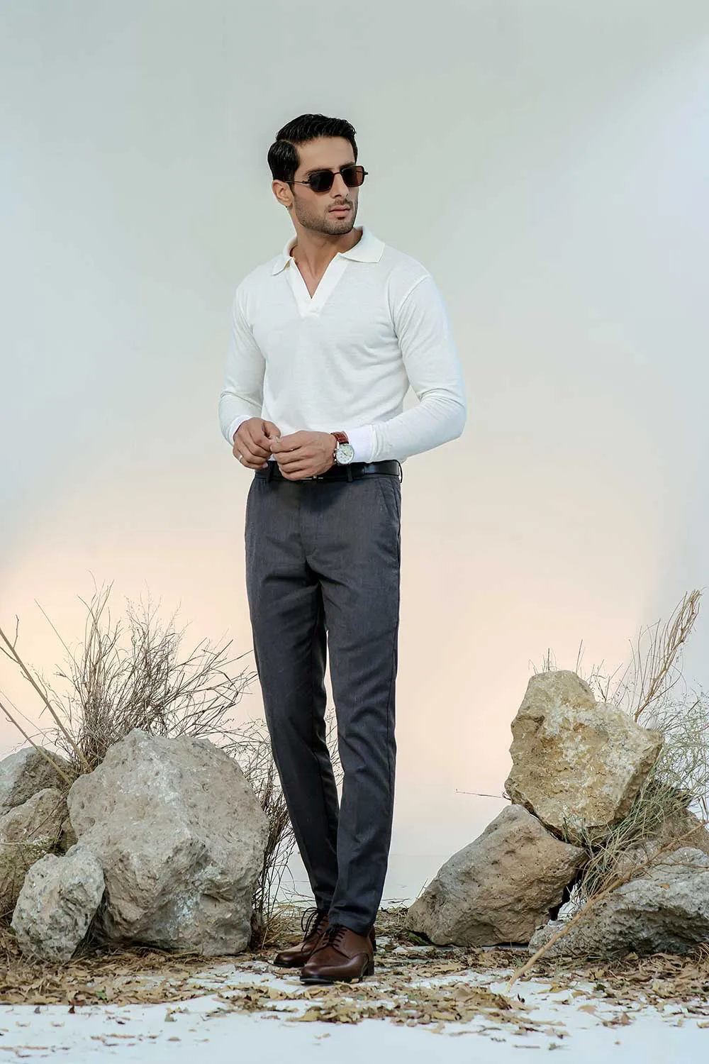 White Full Sleeves Open Collar Structured Polo Shirt