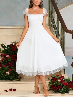 White Lace Square Neck Backless Tie Up Dress